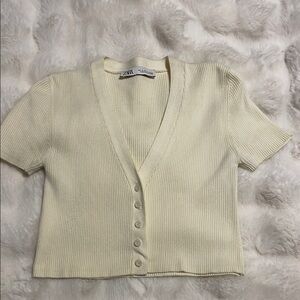 Zara Beige Ribbed Knit Short Sleeve Cardigan